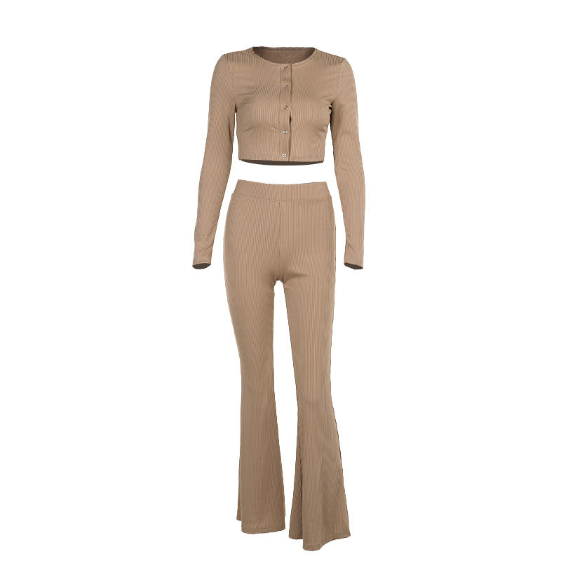 Autumn Women's Casual Square Collar Coat Bell-bottom Pants Suit ARZ