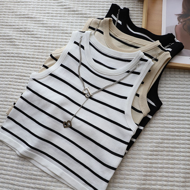 Summer Clothing New Korean Style Women's Contrast Color Striped Round Neck Vest Letter Chain Short Inner ARZ