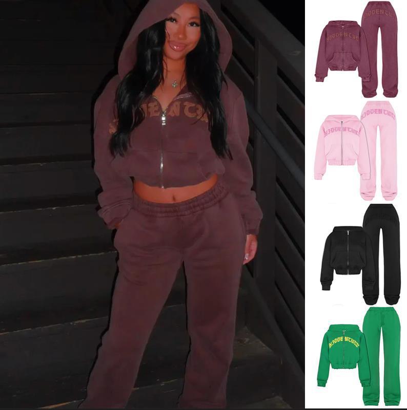 Ins Letter Sports Suit Zip-up Hooded Cropped Sweatshirt Top And Loose Drawstring Trousers Fashion Womens Clothing ARZ