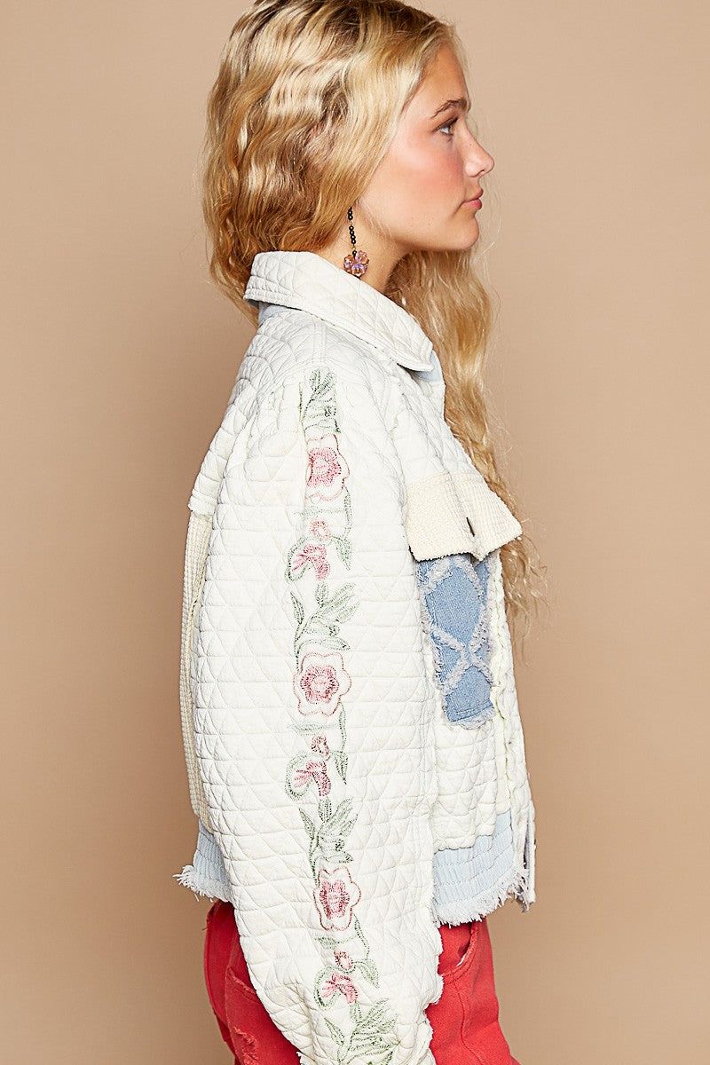 POL Embroidered Sleeve Raw Edge Quilted Jacket Trendsi