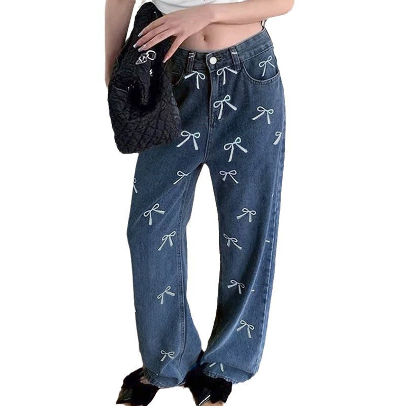 Girly Style Bow Vintage Print Loose Jeans ARZ