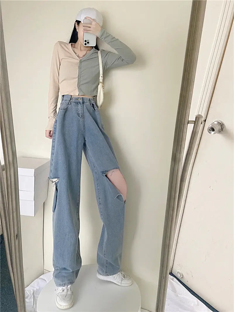 Ripped Jeans Straight High Waist Loose Fitted Flattering ARZ