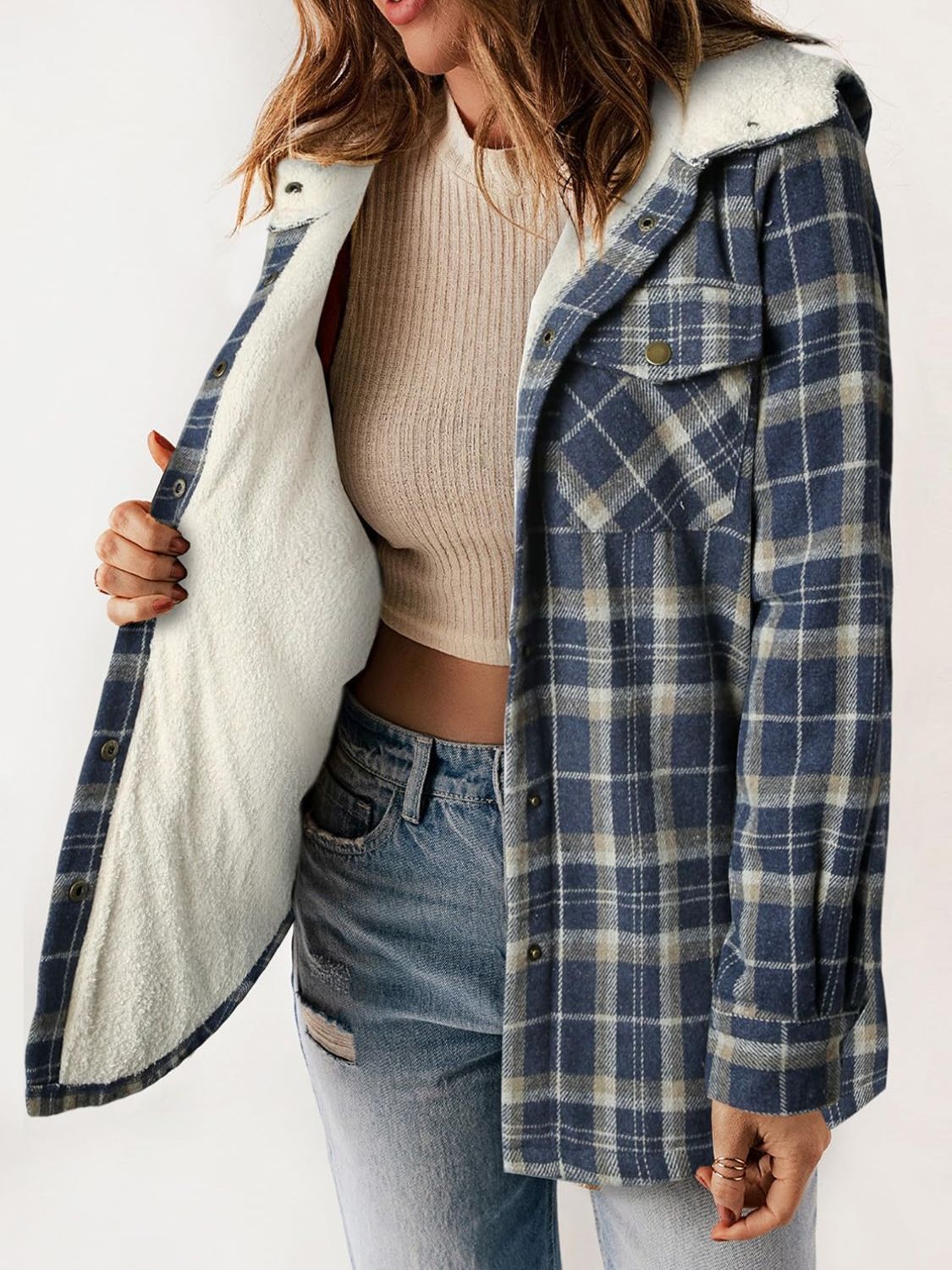 Plaid Snap Down Plush Hooded Jacket Trendsi