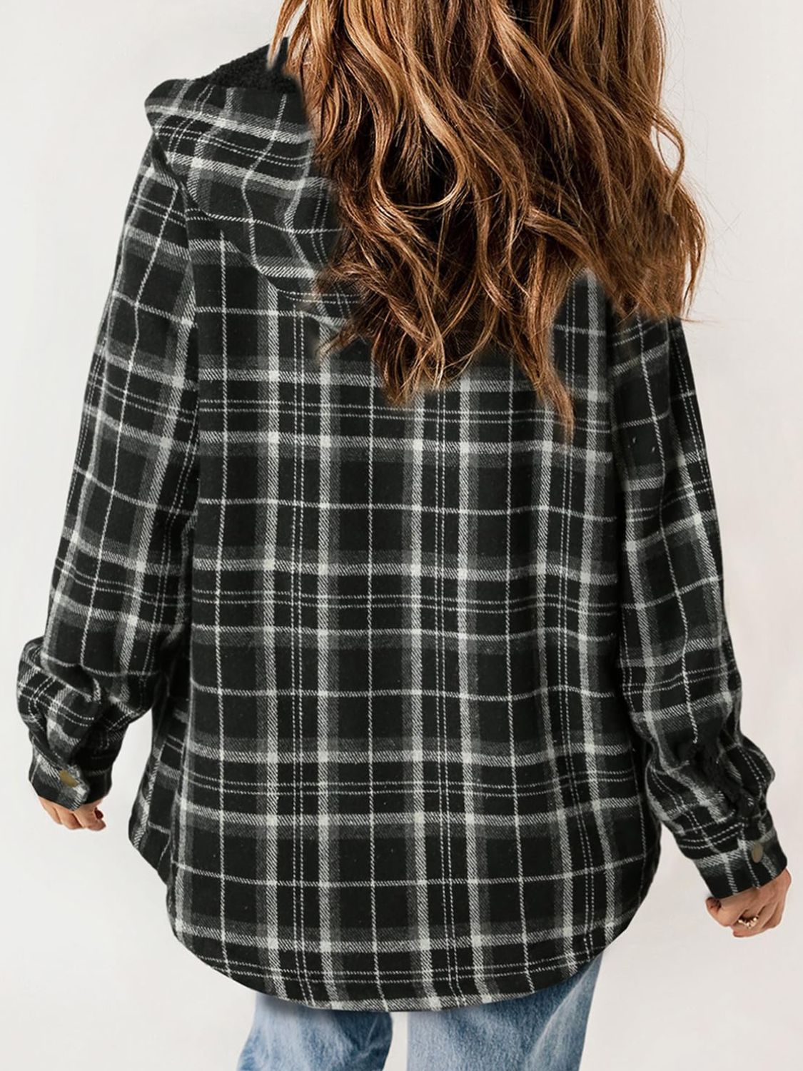 Plaid Snap Down Plush Hooded Jacket Trendsi