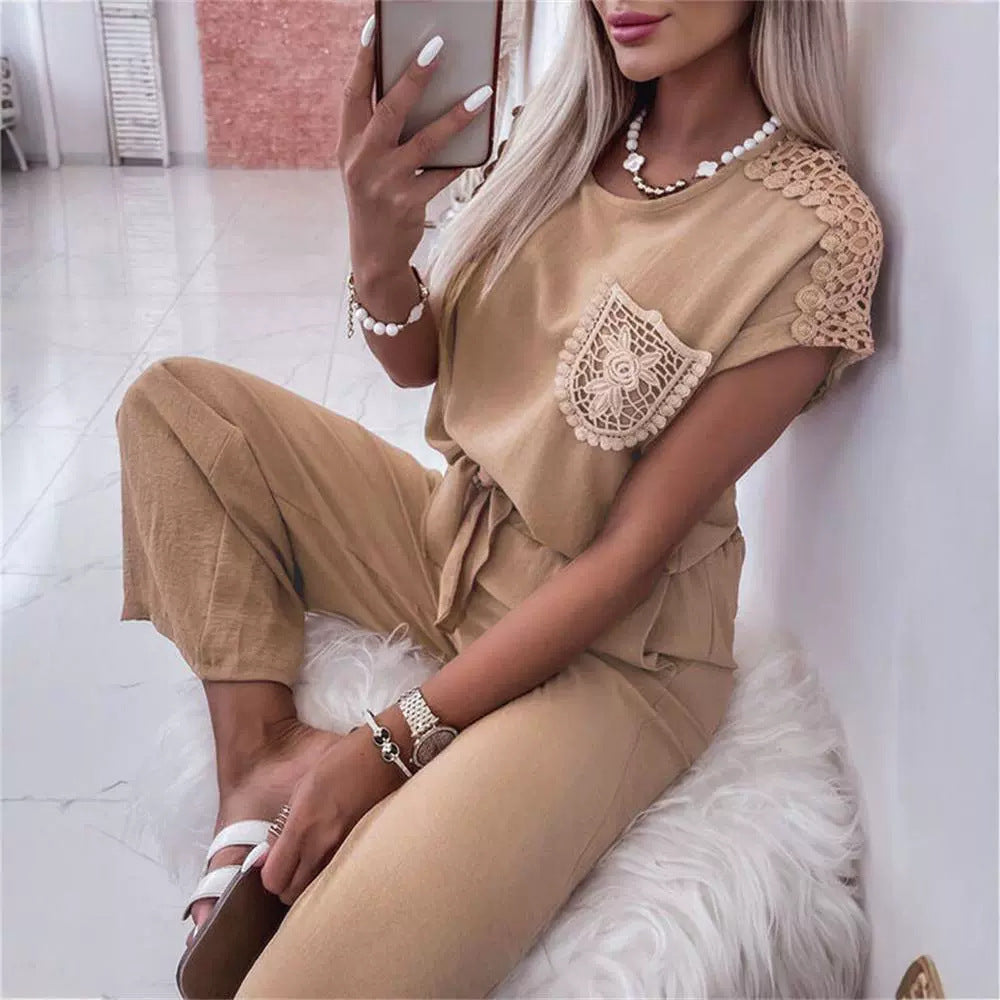 Women's New Lace Stitching Coat Wide Leg Pants Casual Suit ARZ