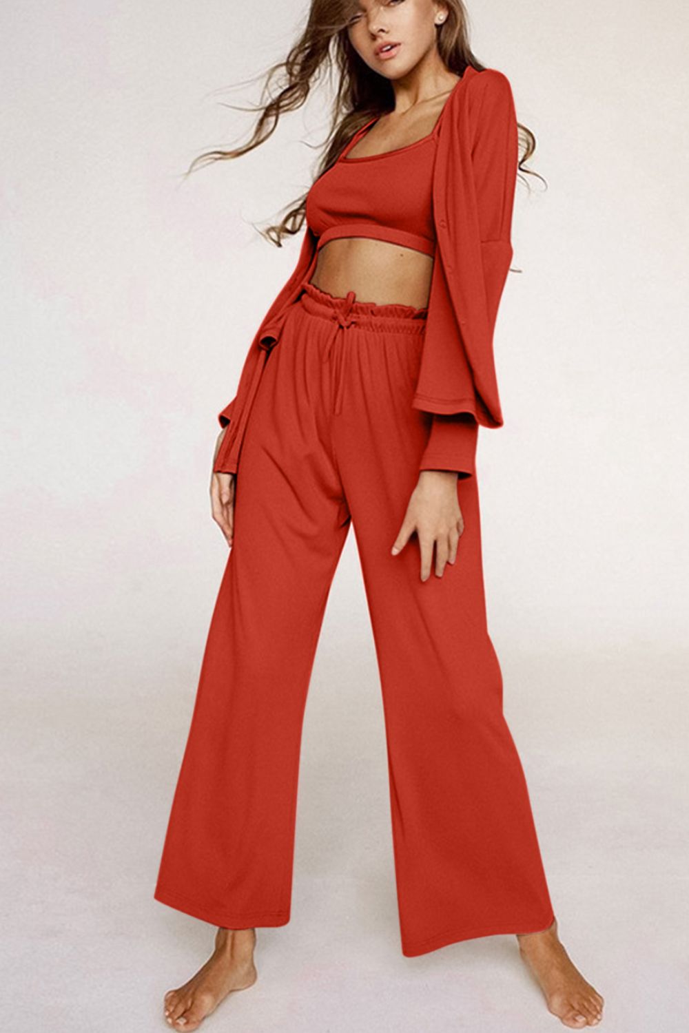 Spaghetti Strap Bra, Open Front Cardigan and Drawstring Pants Set Trendsi