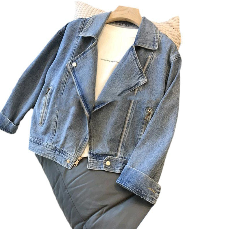 Fashion Motorcycle Lapel Long-sleeve Zipper Denim Jacket ARZ