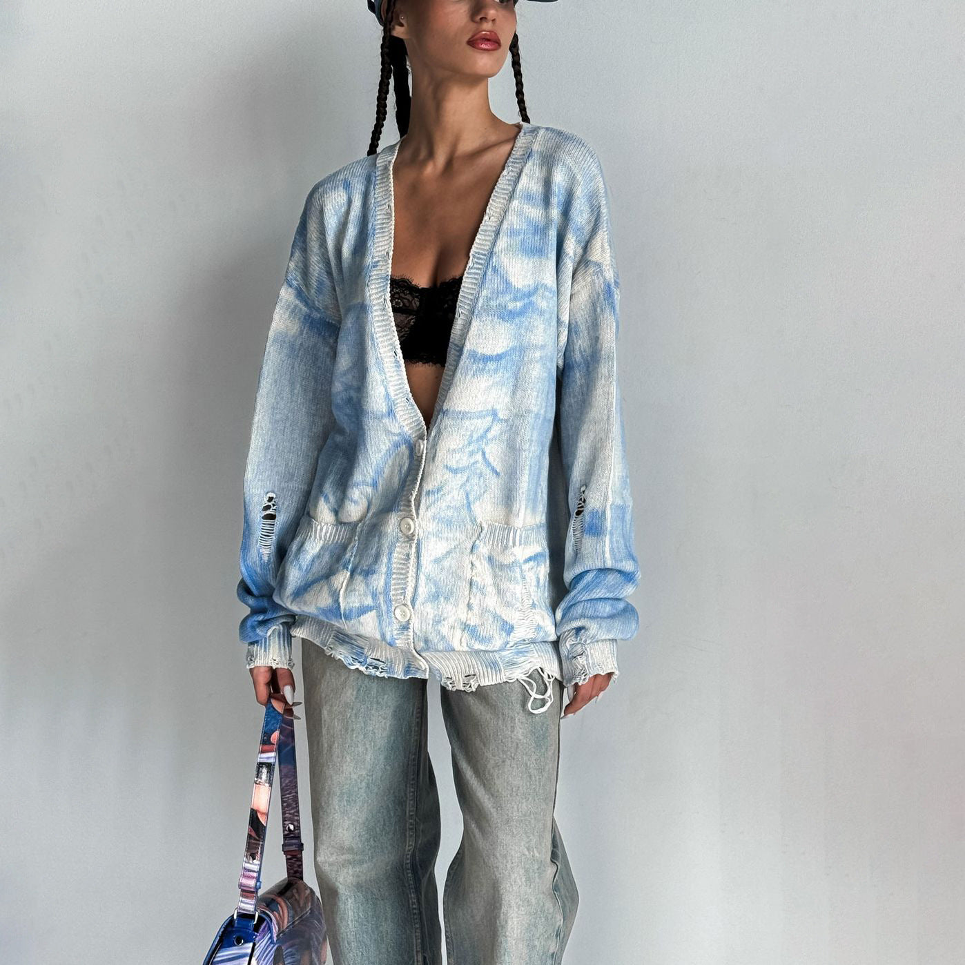 Vintage Tie-dyed Distressed Woolen Coat Women's Cardigan ARZ