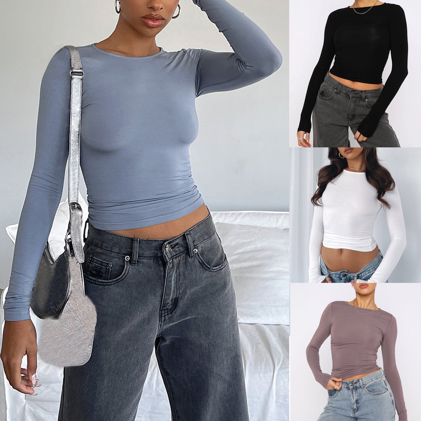 Women's Clothing Fashion Slim Long-sleeved Pullovers Tops Solid Causal Fit Shirts ARZ