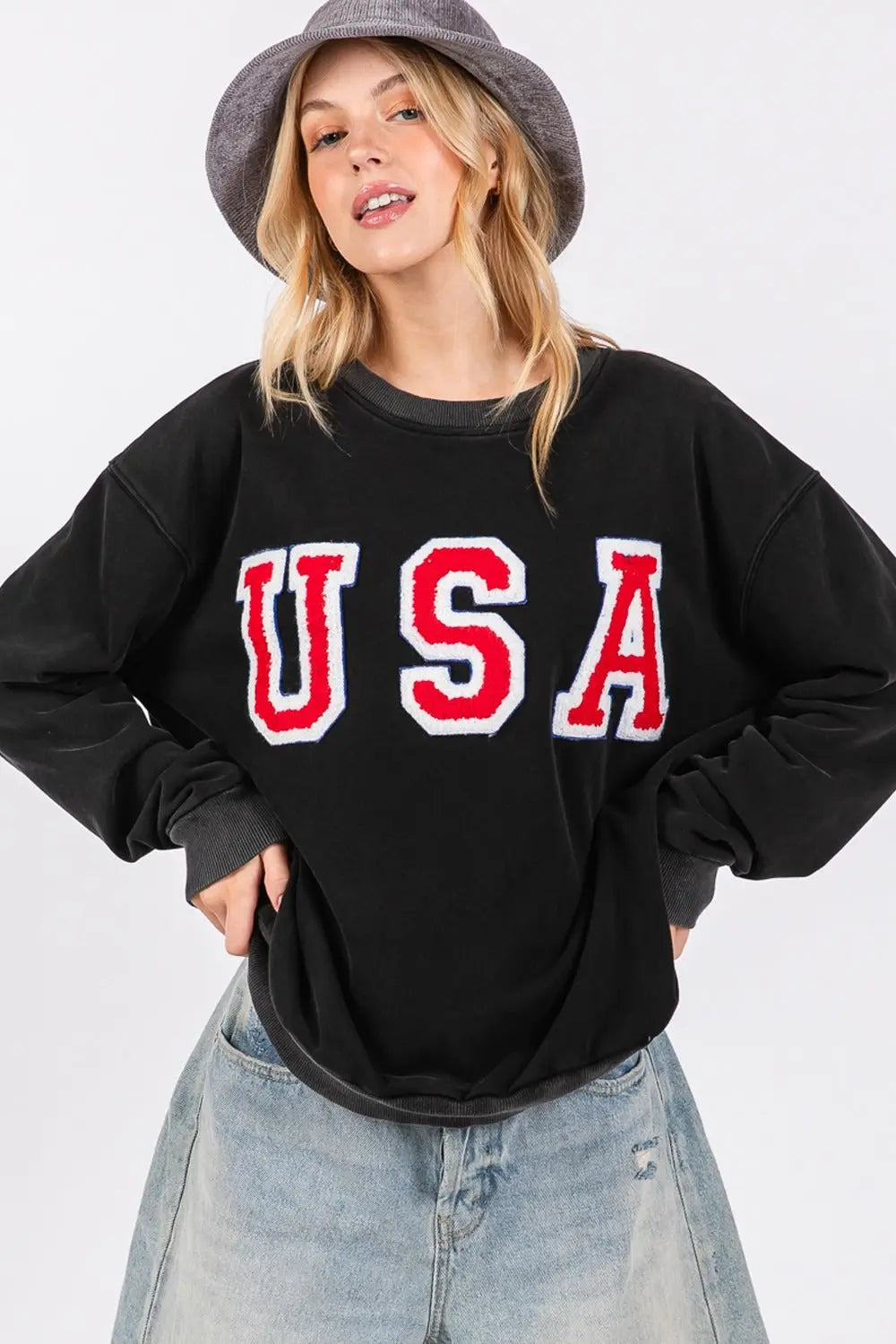 SAGE + FIG USA Letter Patch Round Neck Sweatshirt Trendsi