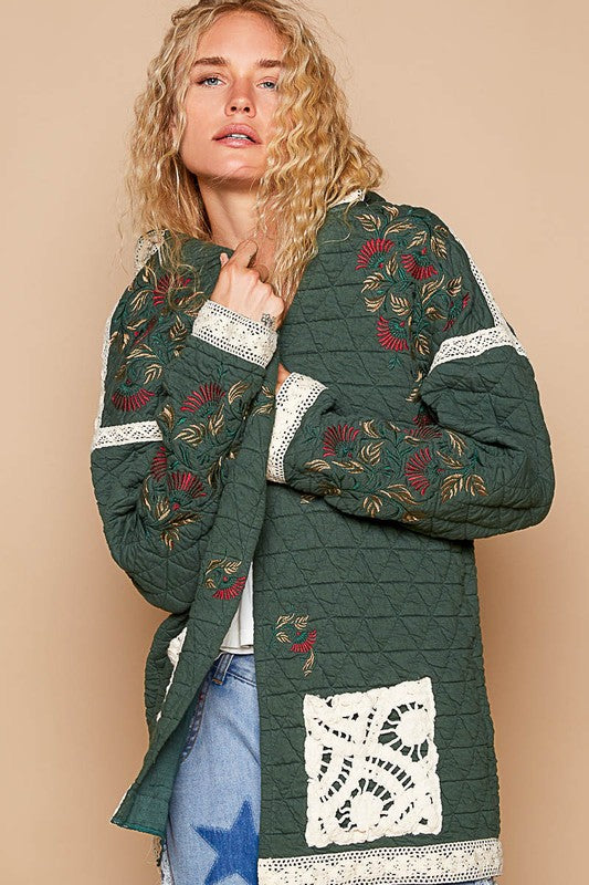 POL Embroidered Open Front Quilted Jacket with Crochet Pockets Trendsi