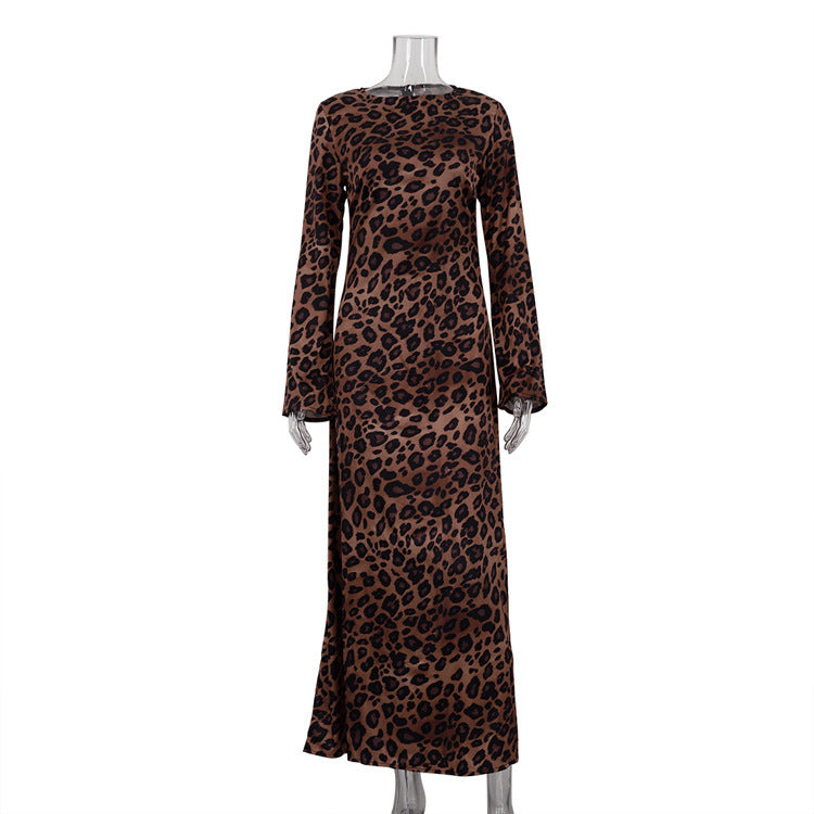 Round Neck Leopard Print High Waist Slim Fit Dress ARZ