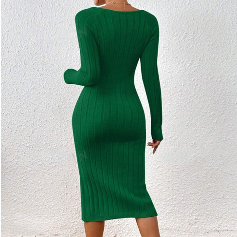 European And American Autumn And Winter Long Sleeve Crew Neck Split Knitted Long Dress ARZ