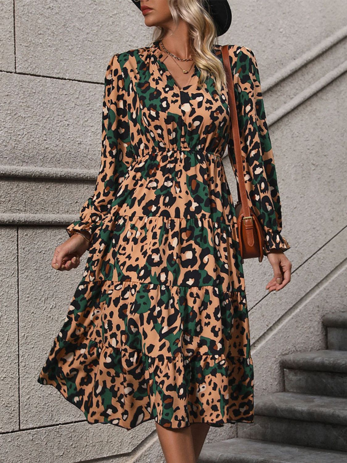 Perfee Leopard Notched Flounce Sleeve Midi Dress Trendsi