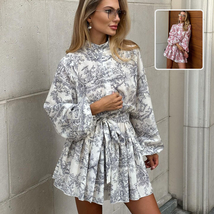 Ink Print Long Sleeve Short Dress With Fashion Puffy Sleeve Lapel Tie A-Line Dress Clothing ARZ