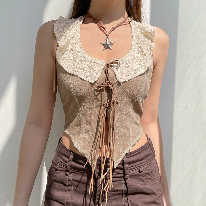 Rural Ancient Lace Stitching Tied Vest For Women ARZ