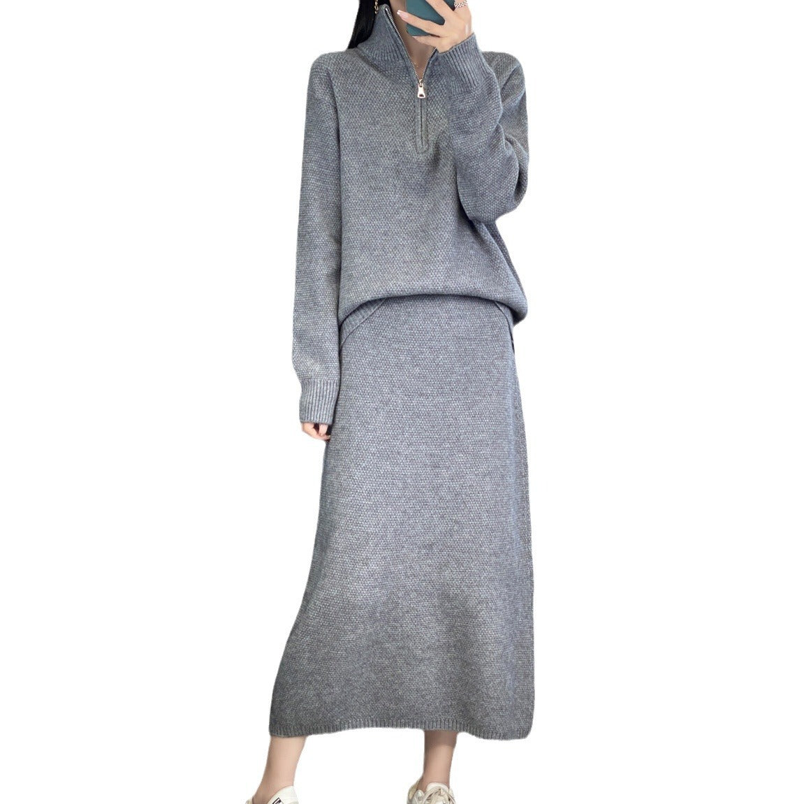 Half Zipper Turtleneck Two-piece Casual Thick Skirt Sweater Set ARZ