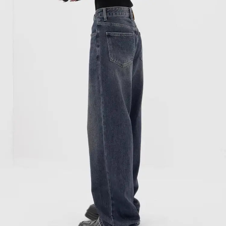 Retro Dark Blue Wide Leg Jeans Baggy Straight Trousers ARZ