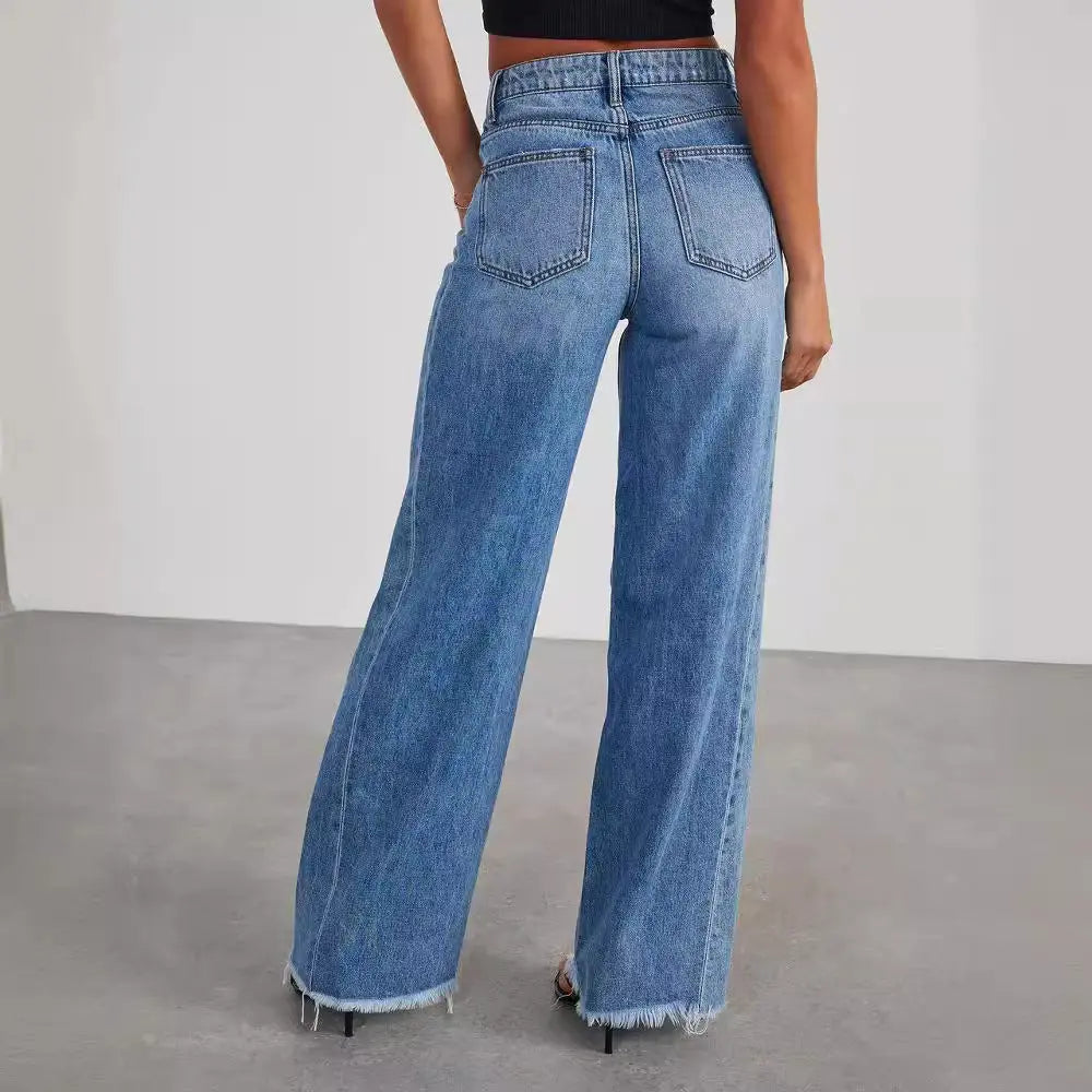 Women's Loose Wide-leg Side Seam Stitching Frayed Hem Jeans ARZ