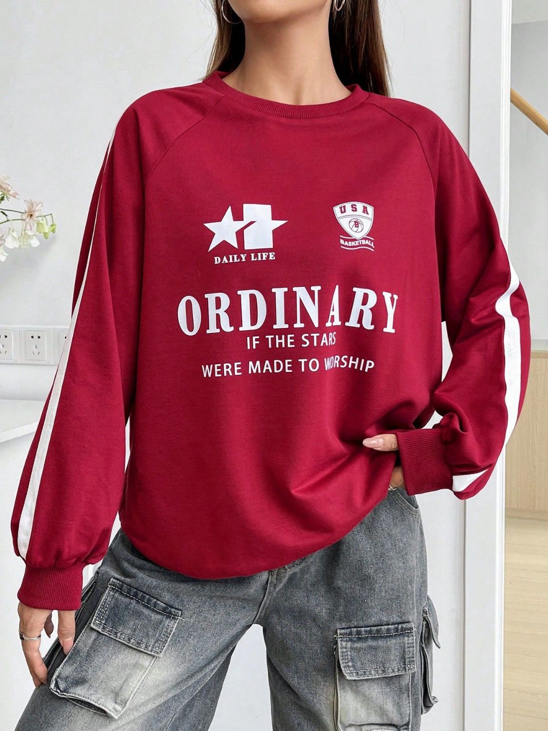 Letter Graphic Round Neck Long Sleeve Sweatshirt Trendsi