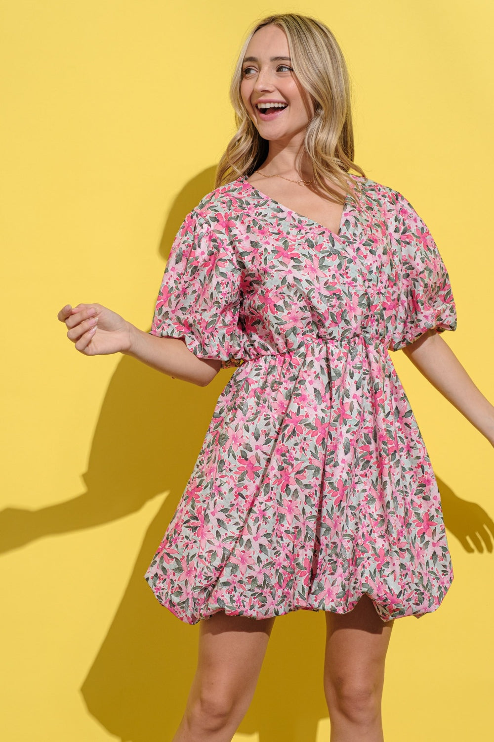 And The Why Full Size Floral Surplice Puff Sleeve Dress Trendsi