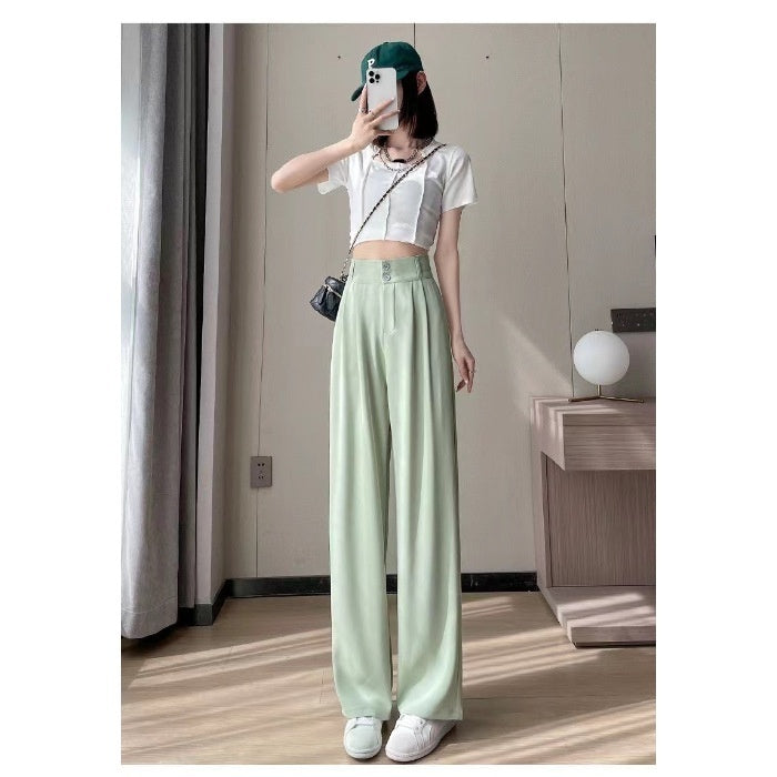 Green Ice Silk Wide-leg Pants Women's Summer Thin High Waist ARZ