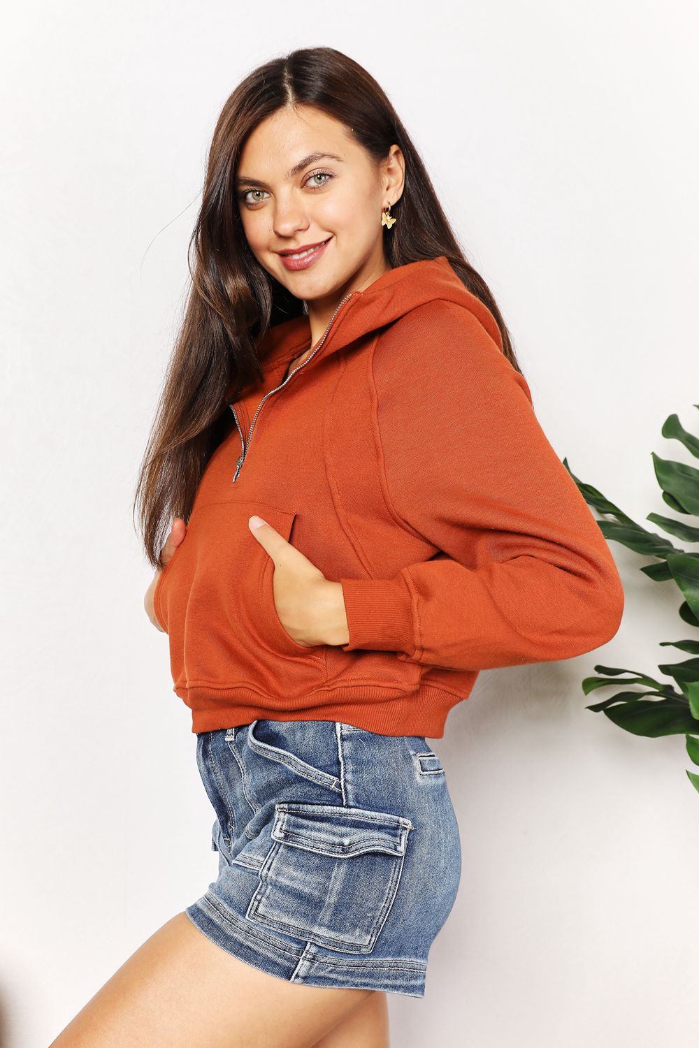 Double Take Half-Zip Long Sleeve Hoodie Trendsi