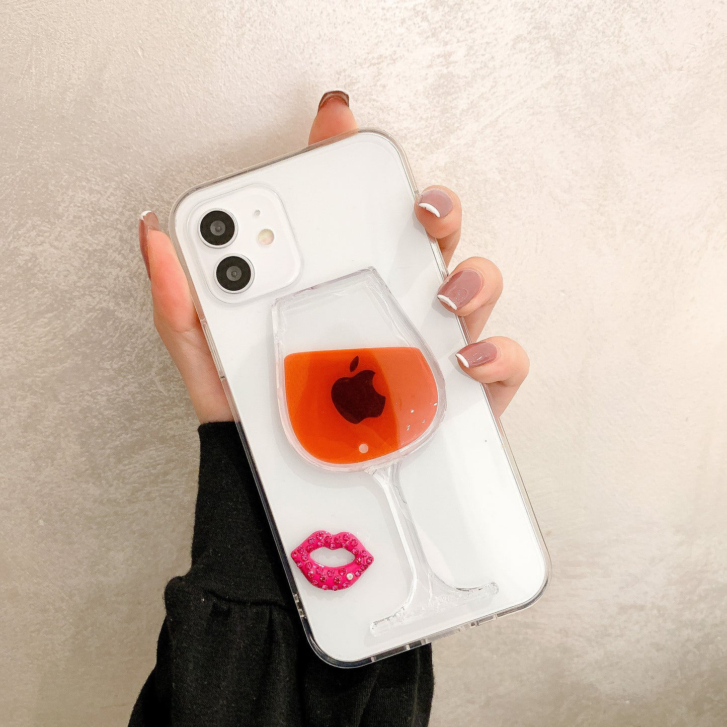 Compatible With Apple, 3D Hot Red Wine Liquid Glass Lips Transparent Sand Transparent Phone Case Cover ARZ