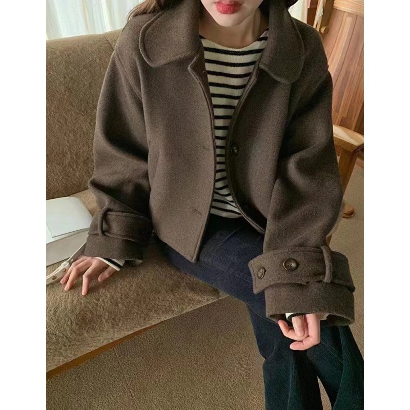 Retro Peter Pan Collar Single-breasted Loose All-match Solid Color Long-sleeved Woolen Coat ARZ