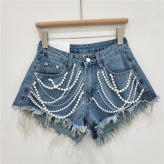 Denim Shorts Women's Summer High Waist Slimming Rhinestone Fringed Burr ARZ