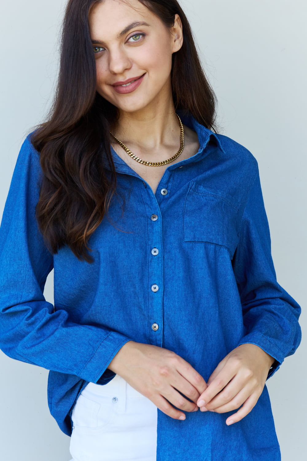 Doublju Blue Jean Baby Denim Button Down Shirt Top in Dark Blue Trendsi