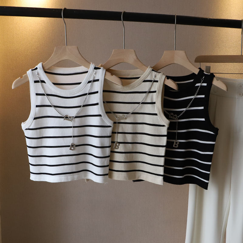 Summer Clothing New Korean Style Women's Contrast Color Striped Round Neck Vest Letter Chain Short Inner ARZ