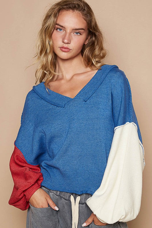 POL Exposed Seam Contrast V-Neck Lantern Sleeve Sweater Trendsi