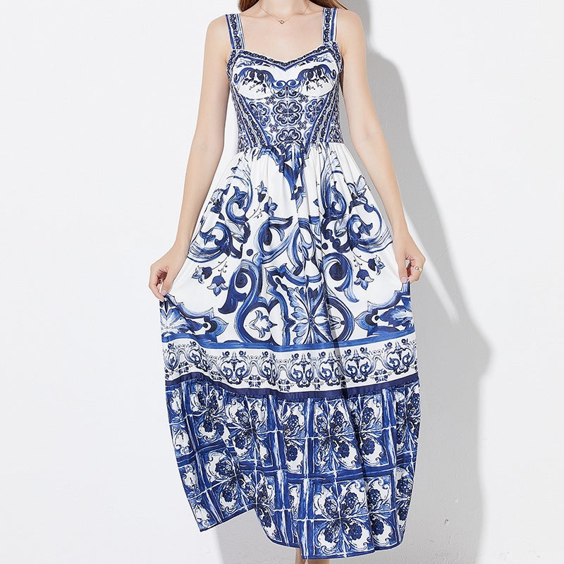 Design Court Printed V-neck Suspender Skirt ARZ