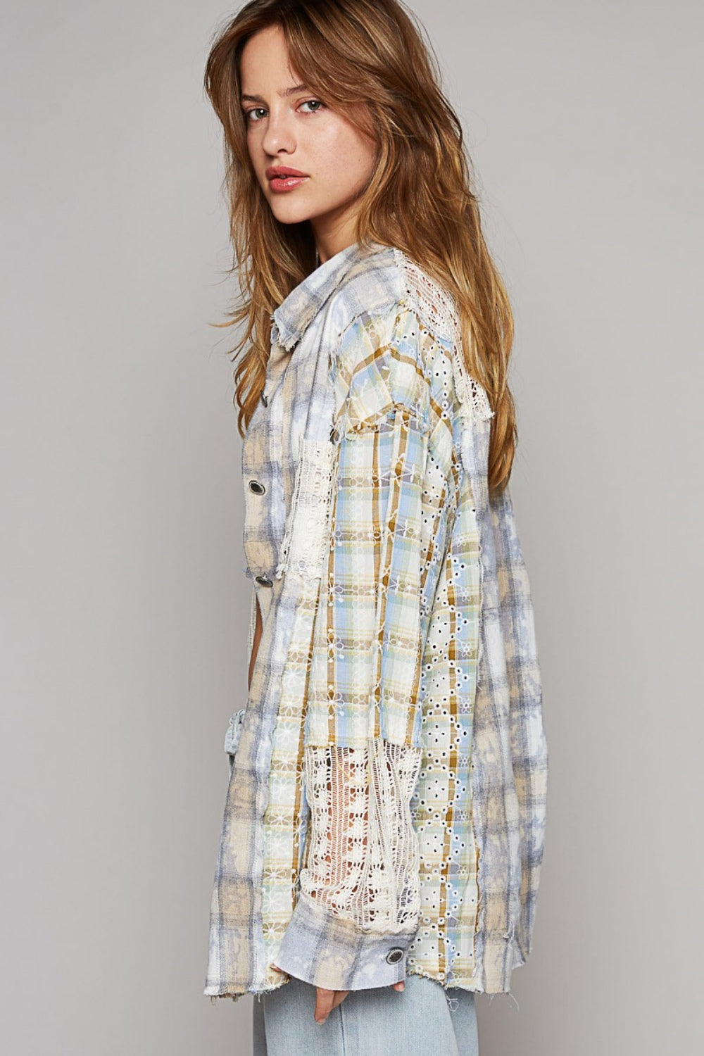 POL Long Sleeve Embroidered Crochet Plaid Shirt Trendsi