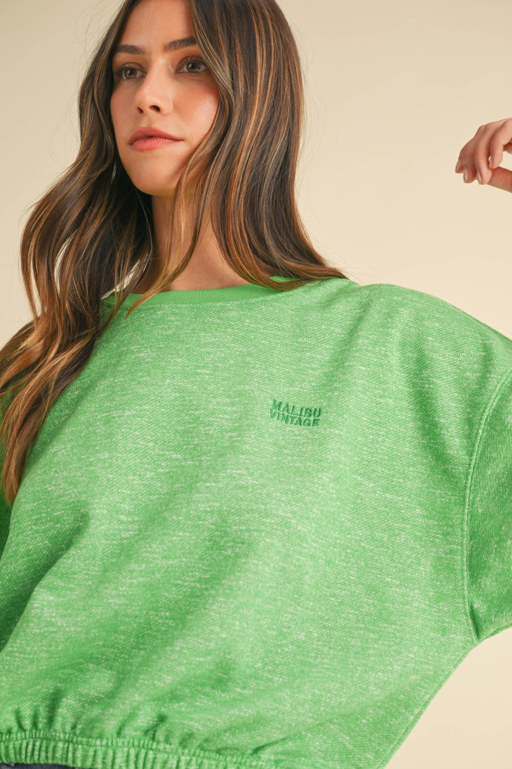 Mable Round Neck Letter Embroidery Crop Sweatshirt Trendsi