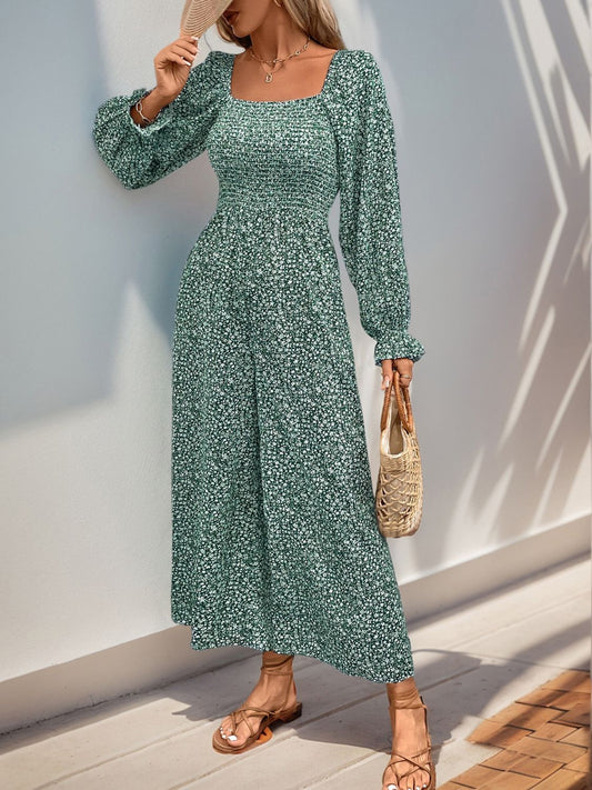 Perfee Smocked Printed Long Sleeve Wide Leg Jumpsuit Trendsi