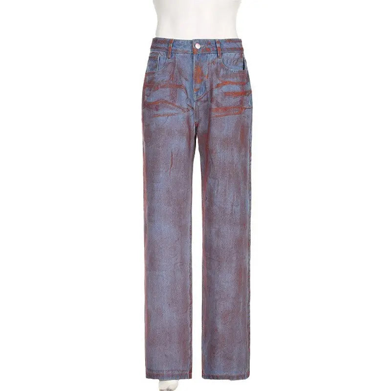 Distressed And Dirty Design Straight Loose Spray-painted Printed Jeans ARZ