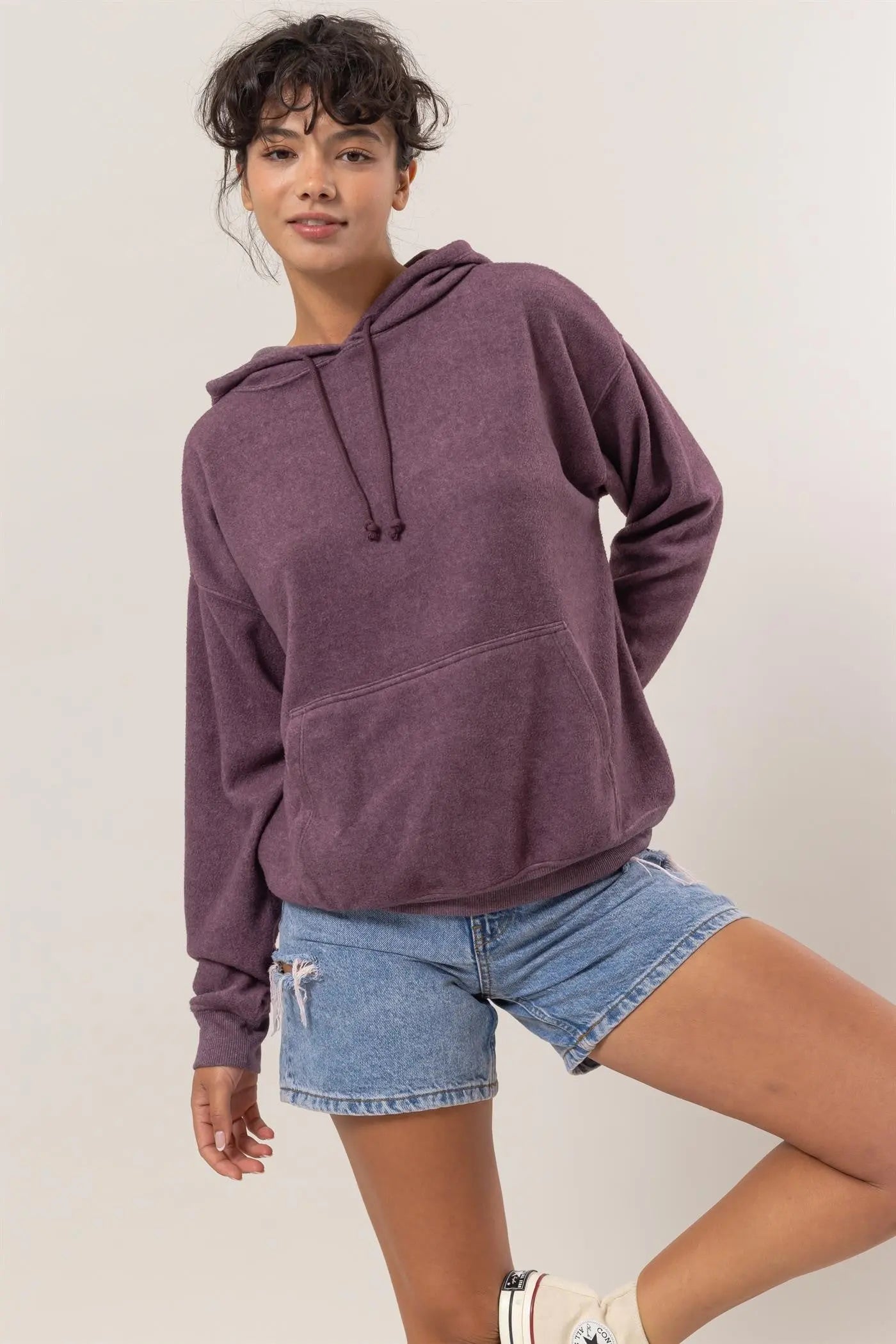 HYFVE Brushed Long Sleeve Hoodie with Kangaroo Pocket Trendsi