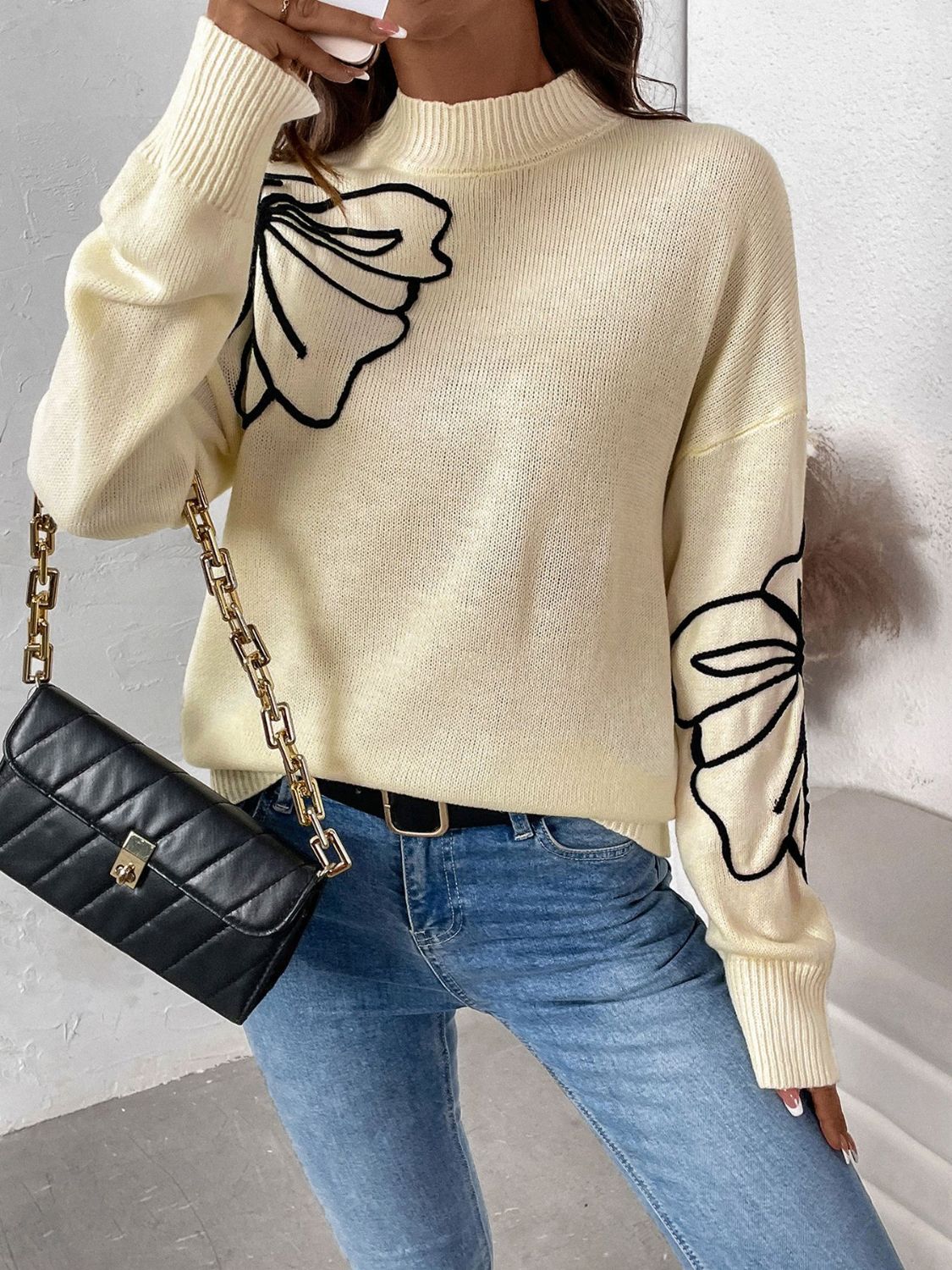 Perfee Mock Neck Dropped Shoulder Long Sleeve Sweater Trendsi