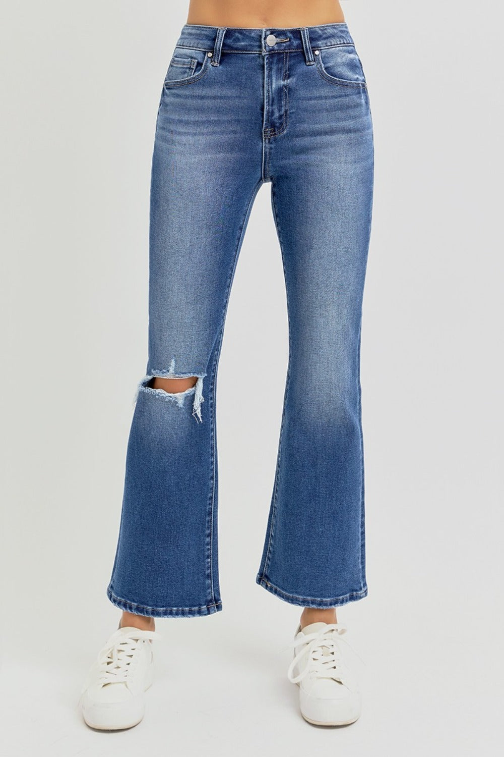 RISEN Full Size Distressed High Rise Crop Flare Jeans Trendsi