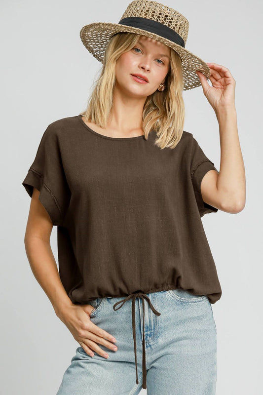 Umgee Drawstring Hem Round Neck Short Sleeve T-Shirt Trendsi