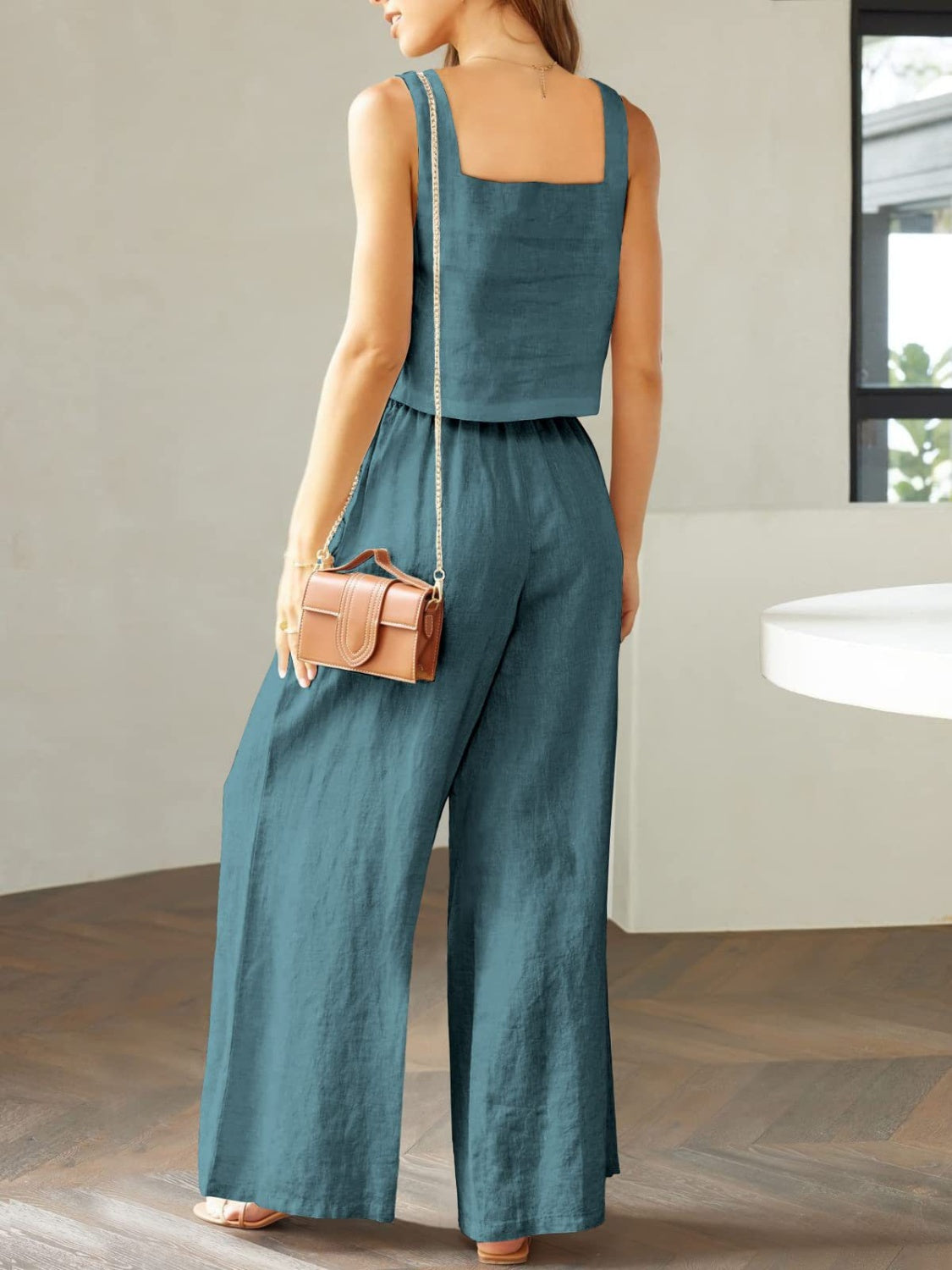 Square Neck Top and Wide Leg Pants Set Trendsi