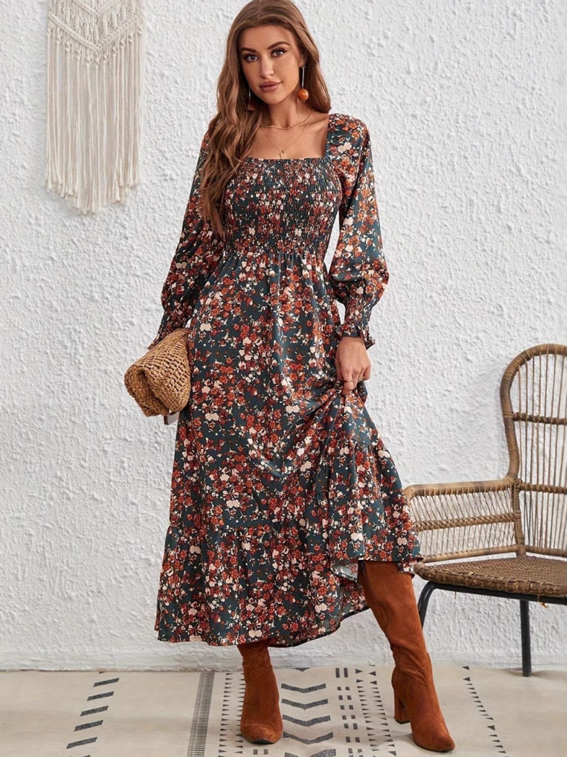 Smocked Floral Square Neck Long Sleeve Dress Trendsi