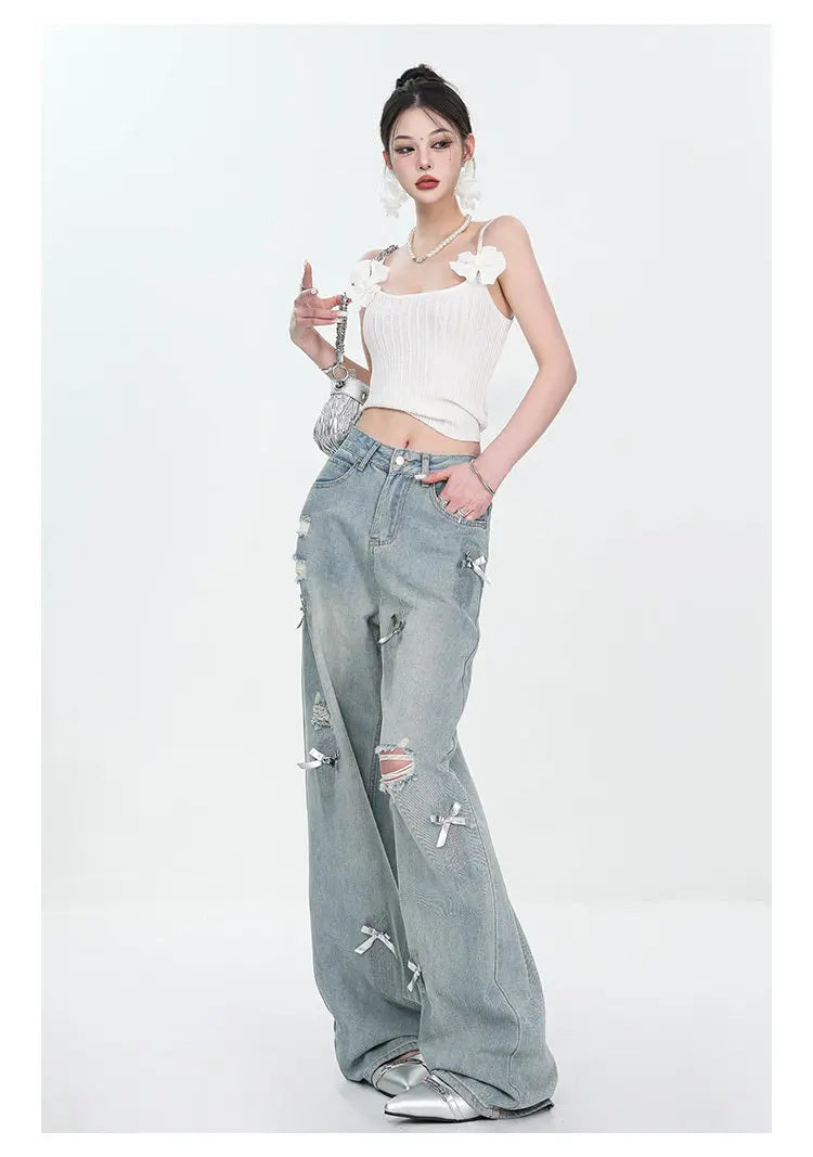 Women's Bow Wide Leg Retro Ripped Straight Jeans ARZ