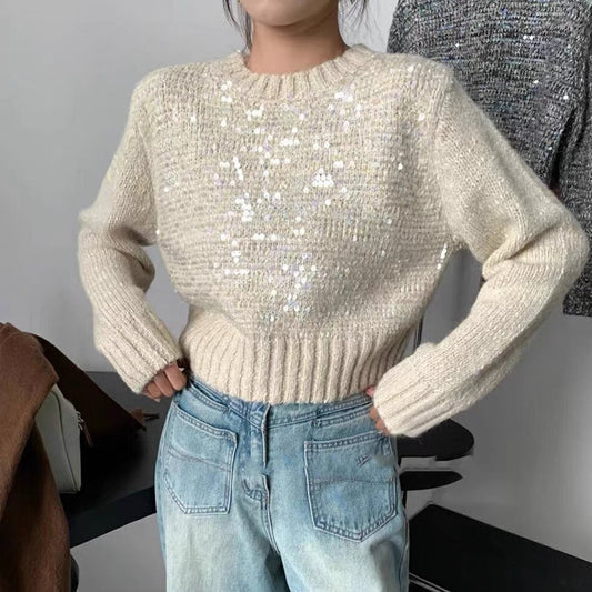 Korean Style O-neck Short Pullover Sequined Sweater ARZ