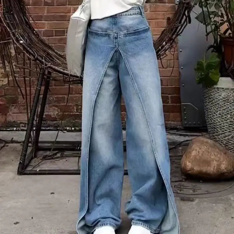 Women's High Waist Reverse Personalized Wide-leg Mop Straight Jeans ARZ