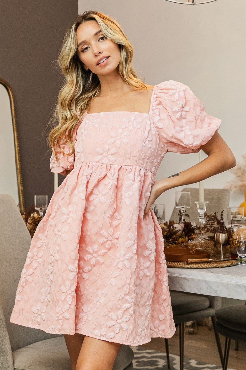 BiBi Flower Square Neck Puff Sleeve Dress Trendsi