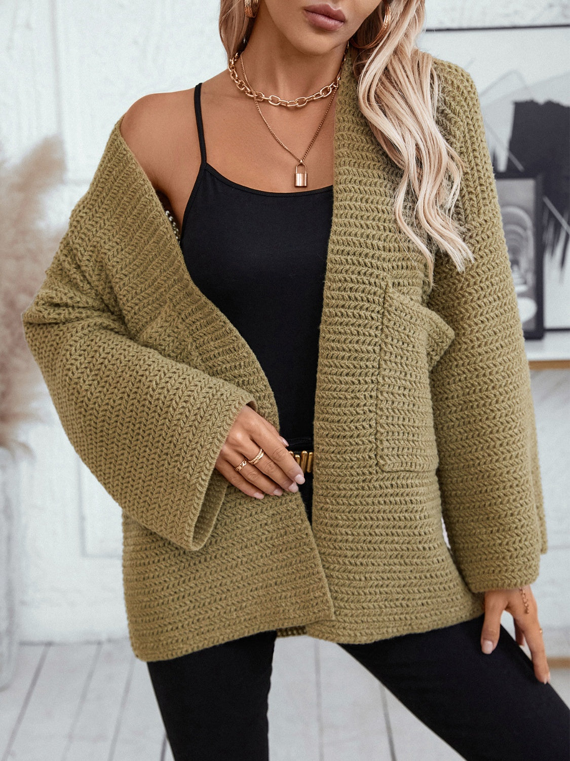 Open Front Long Sleeve Cardigan Trendsi