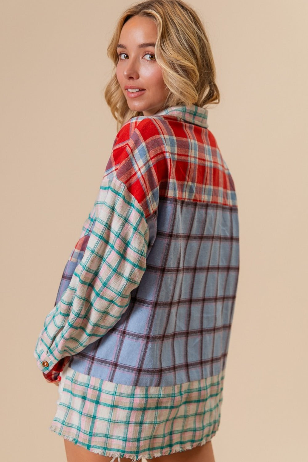 BiBi Color Block Plaid Button Down Shirt Trendsi